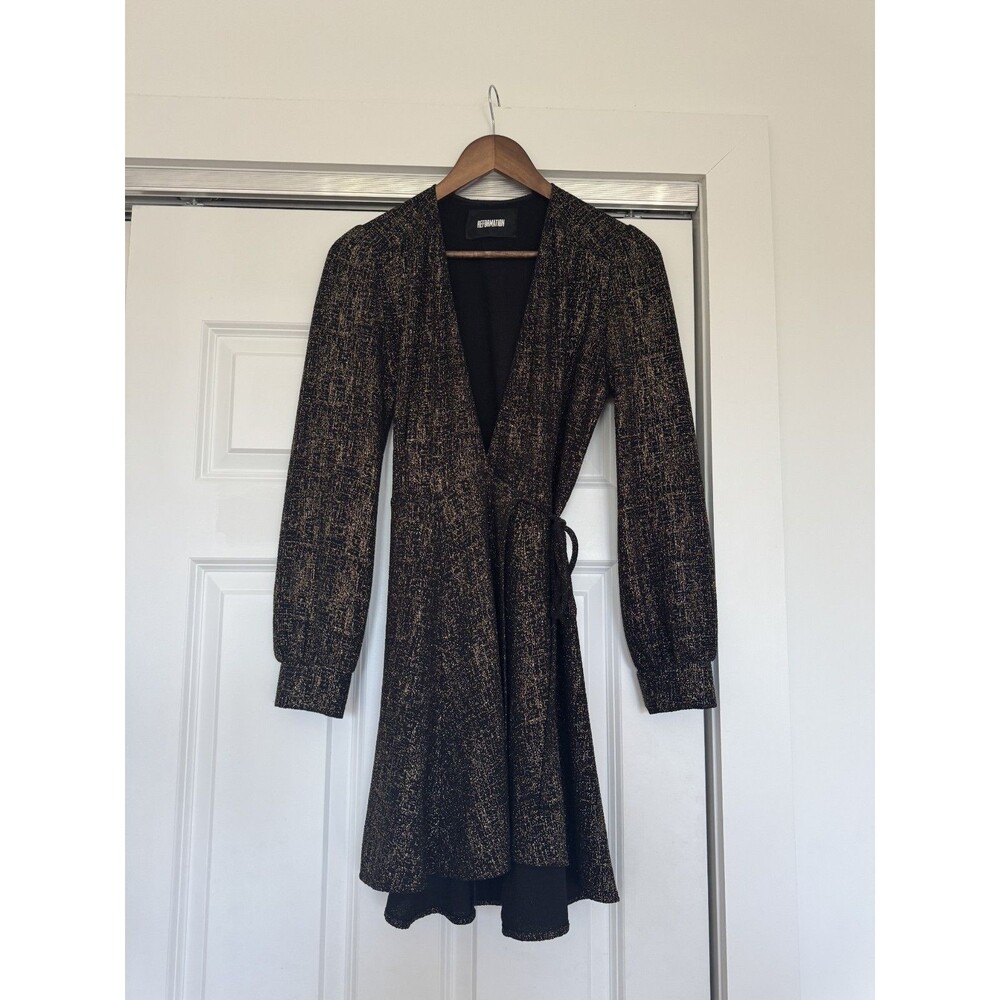 Reformation Womens M Gold Sequins Cocktail Metallic Wrap Bishop Dress Party